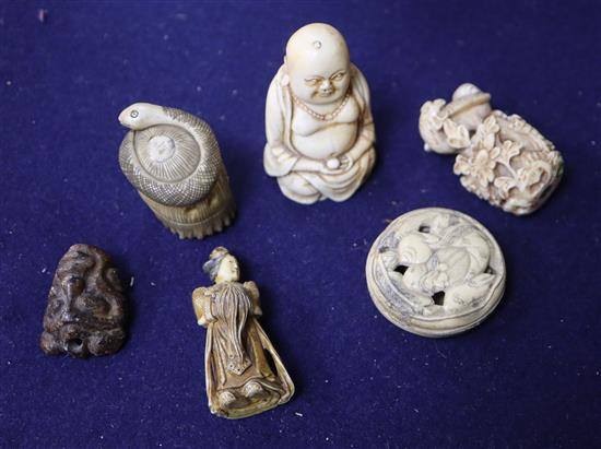Five Japanese netsuke in ivory and staghorn etc., and ivory figure of Hotei, 19th century